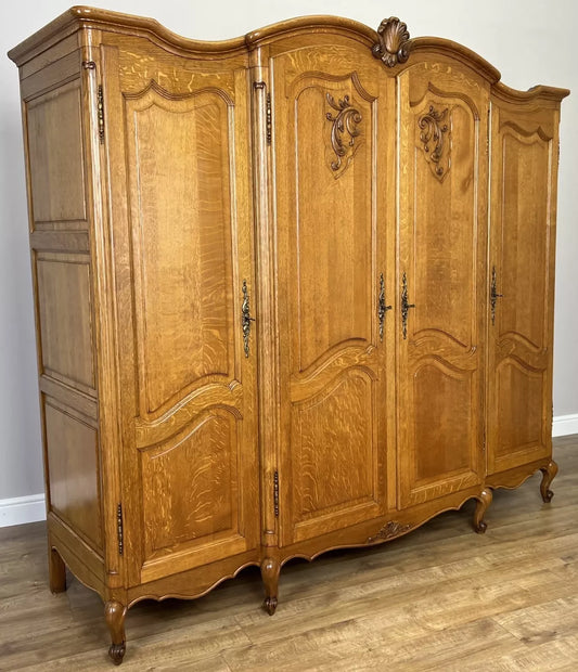 Wardrobe Vintage French Louis XVI Style Four Door Oak Carved Armoire LOT 4929