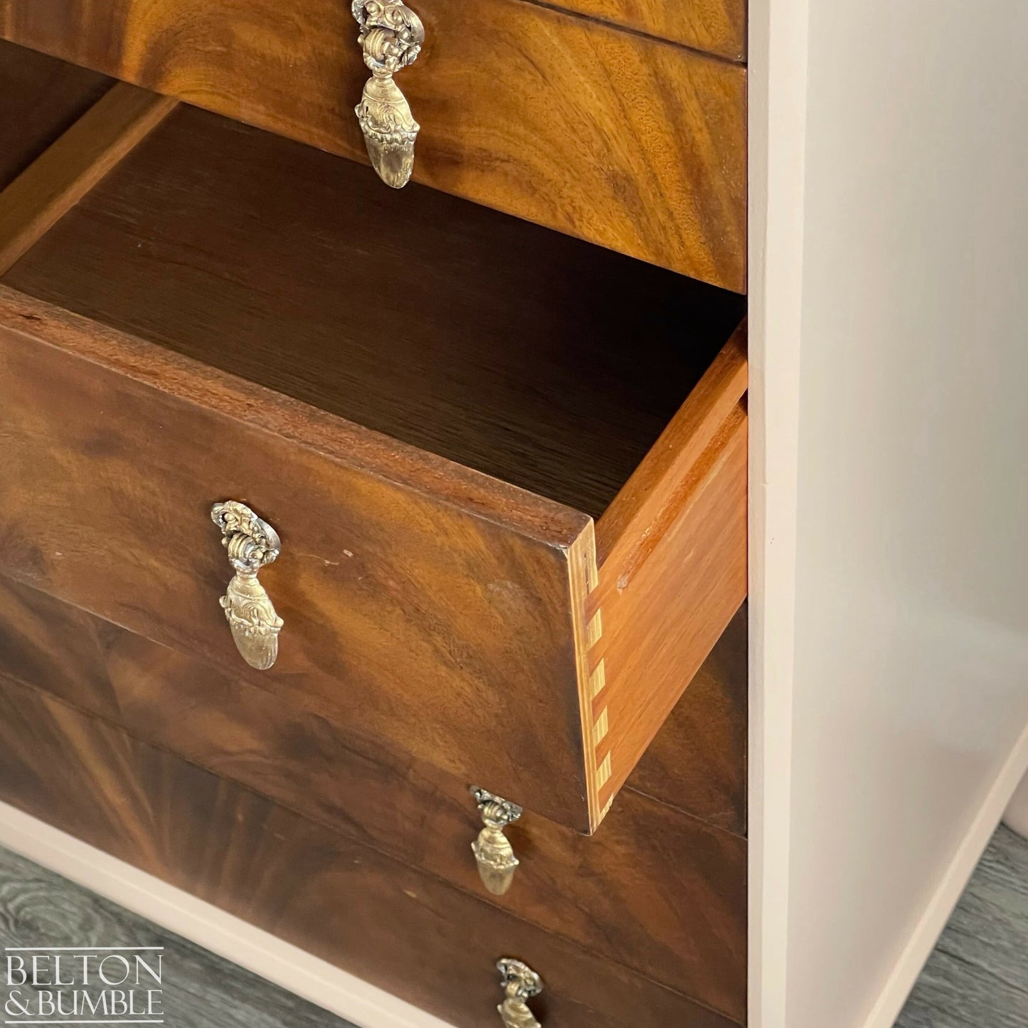 Seven Drawer Chest of Drawers in Dusky Pink and Flame Mahogany