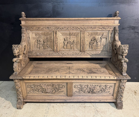 French Carved Oak Tavern Scene Bench