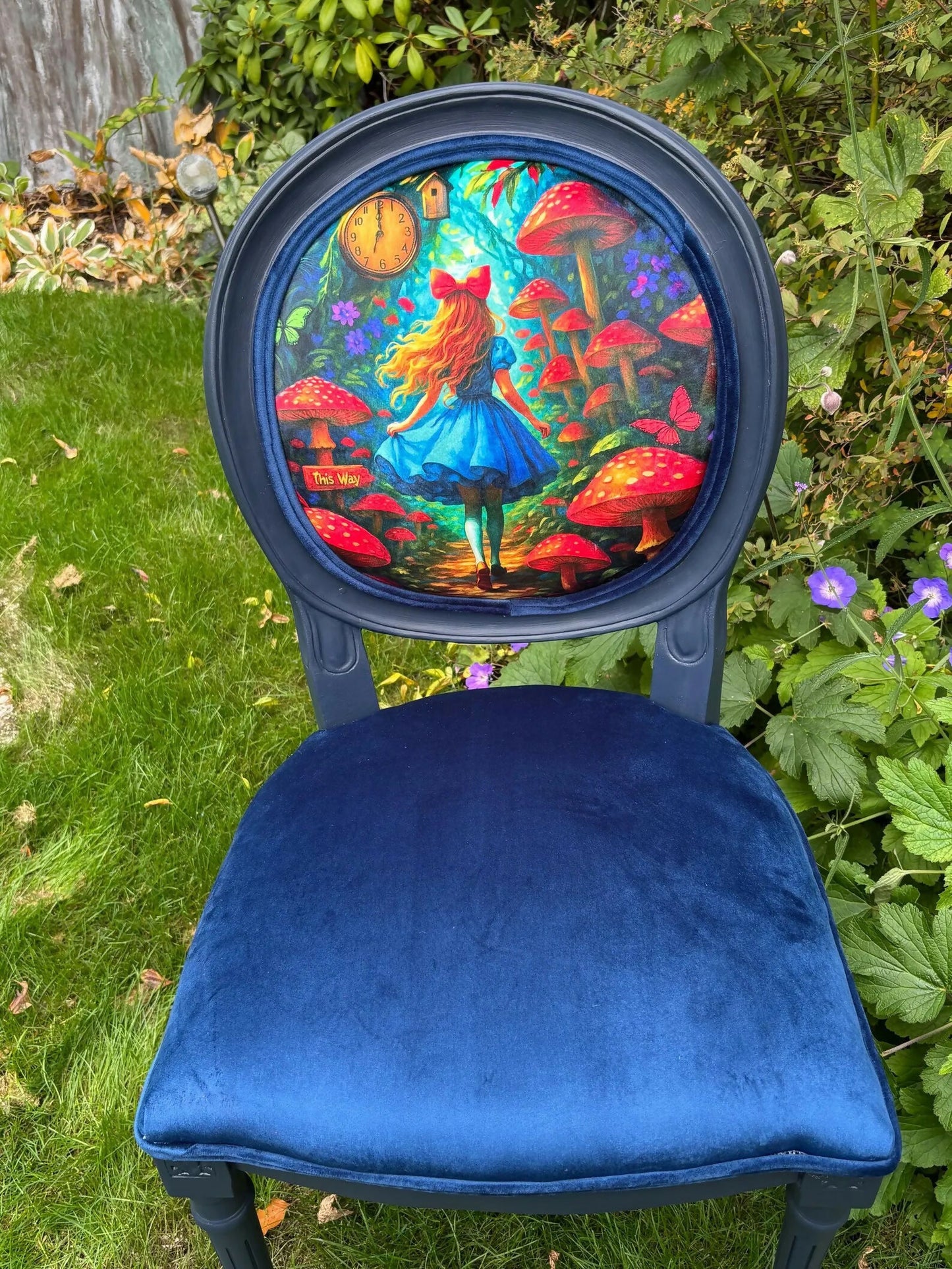 Alice in Wonderland Statement Chair – Handcrafted Navy Velvet. Bespoke Accent Whimsical Chair