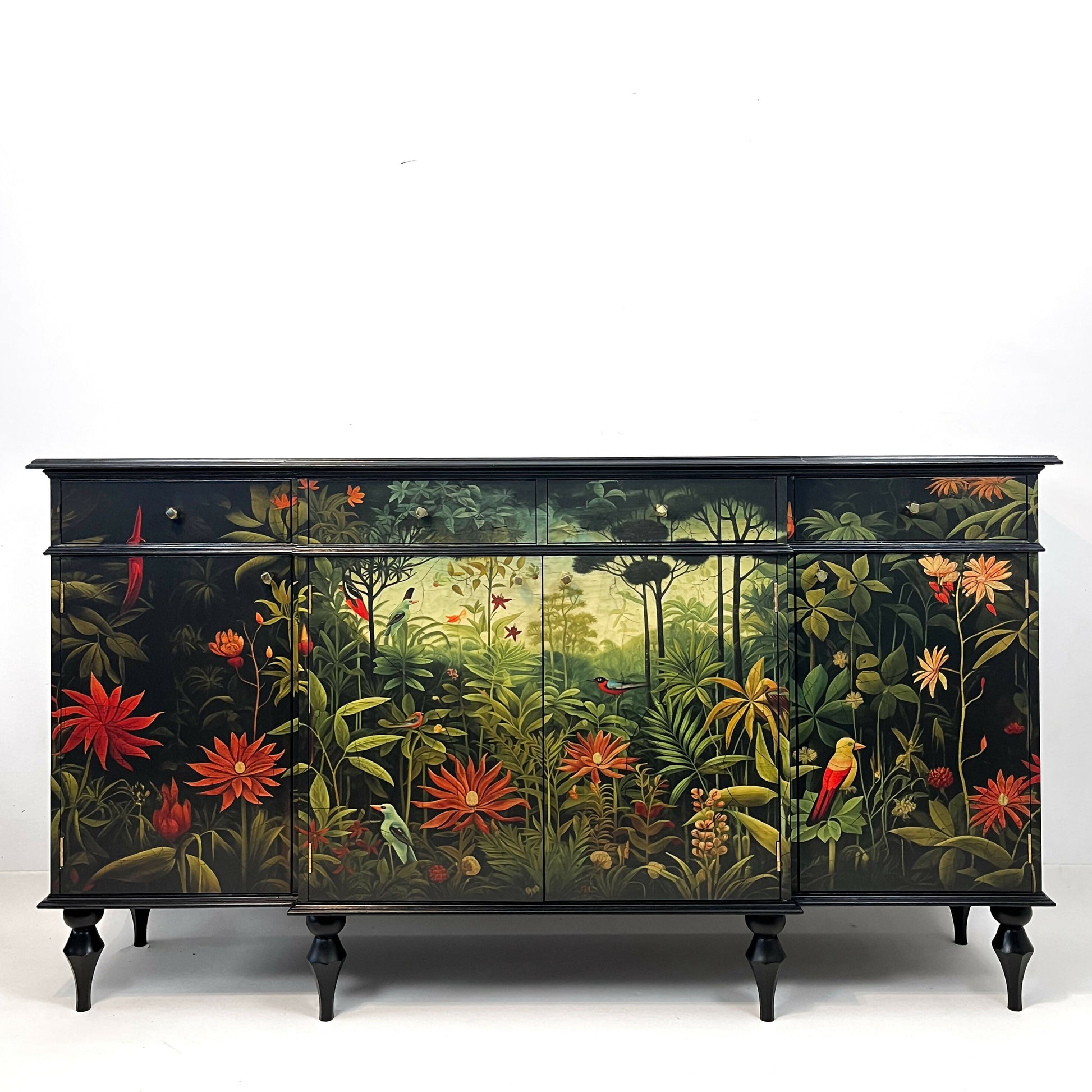 Black vintage sideboard with exotic botanical picture