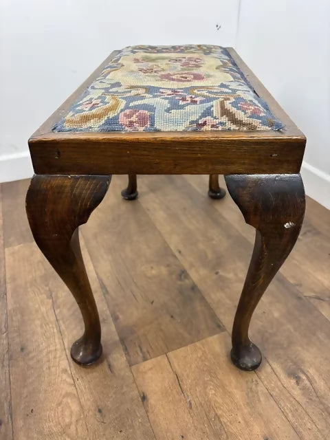 Vintage Oak Stool With Floral Tapestry Top