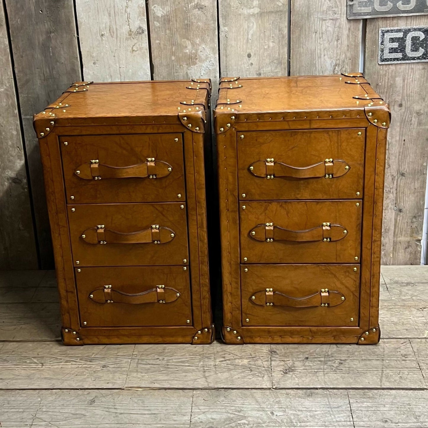 Handmade Bridle Leather Bedside Drawers | His and Hers Set, Hand Dyed in England