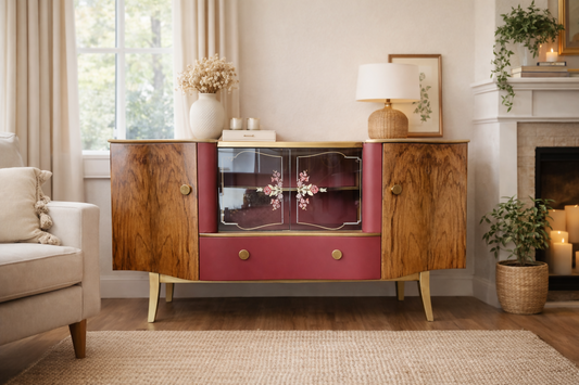 Mid Century Walnut Cocktail Cabinet/ Sideboard. Glass fronted floral vintage sideboard