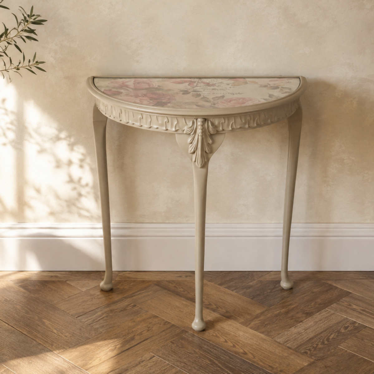 Vintage Demi-Lune Table | Decoupage Floral Console | French Style Hallway Table | Upcycled Furniture