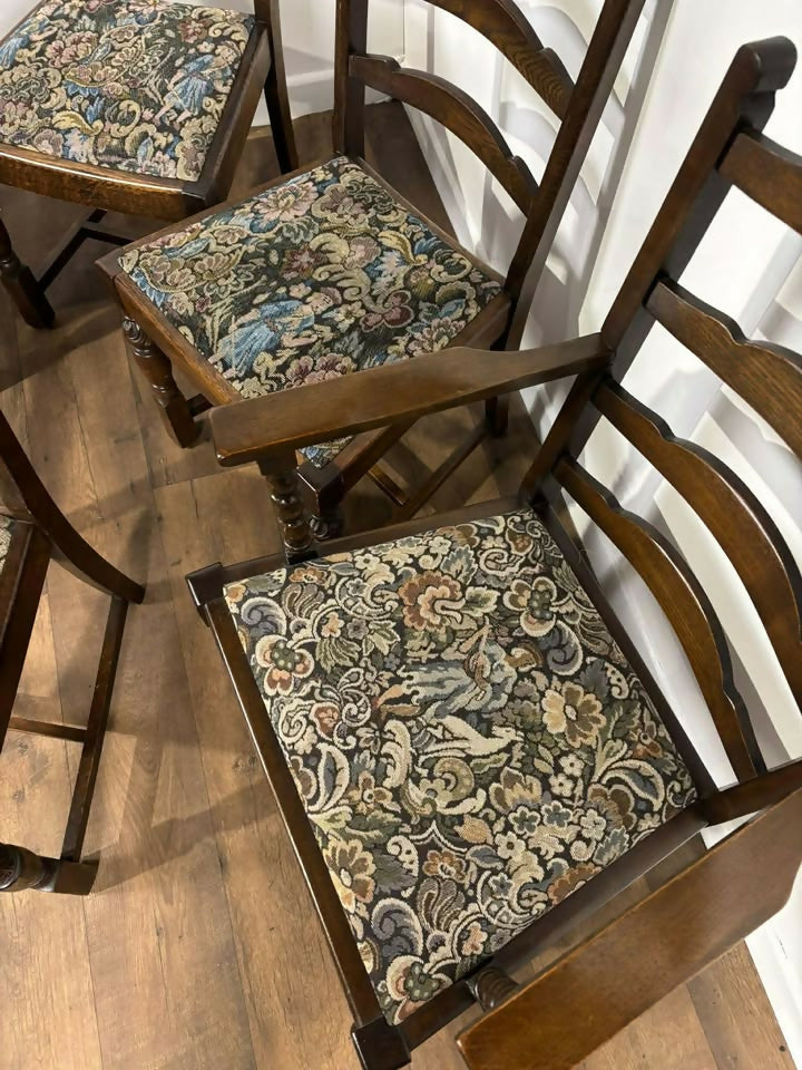 Vintage Set of Six Oak Ladder Back Dining Chairs – Including Two Carvers