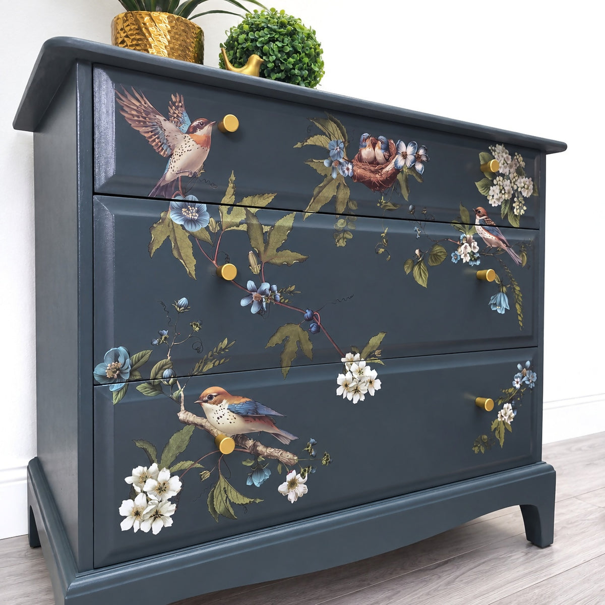 Vintage Stag Minstrel Chest of Drawers – Dark Grey with Botanical Bird Design