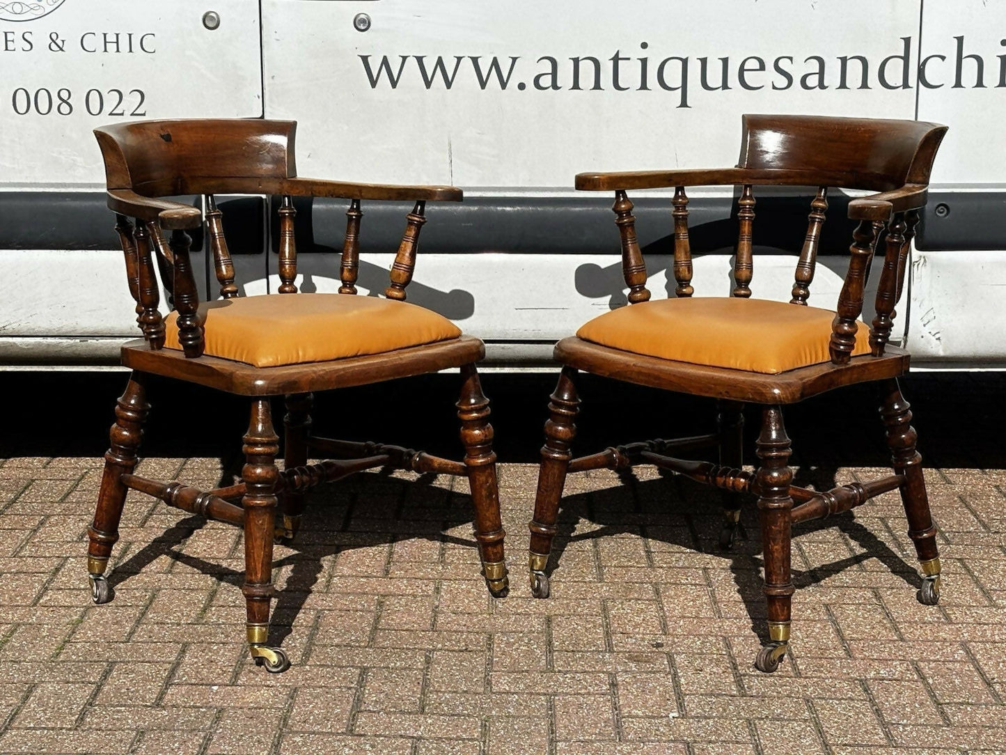 Victorian Vintage Pair Of Library Armchairs, On Brass Castors, Good Quality Examples.