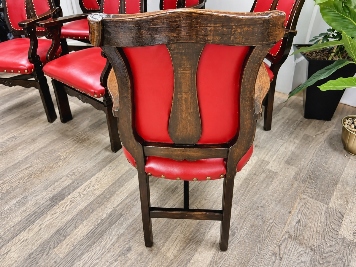 Individual Victorian Arts & Crafts Red Leather Carver Chairs, Carved Oak X6 Available