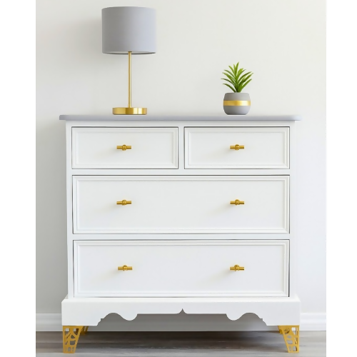 White/Cream and gold vintage bedroom set. Upcycled chest of drawers and bedside tables