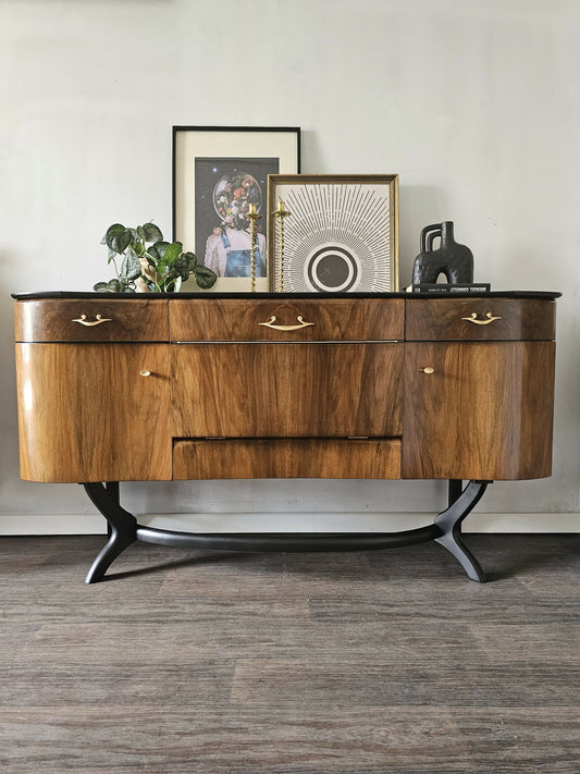 Beautility Mid Century Modern Sideboard, Dark Wood and Black Drinks Cabinet, Gold Interior, Original Handles, Crocodile Pattern TV Stand