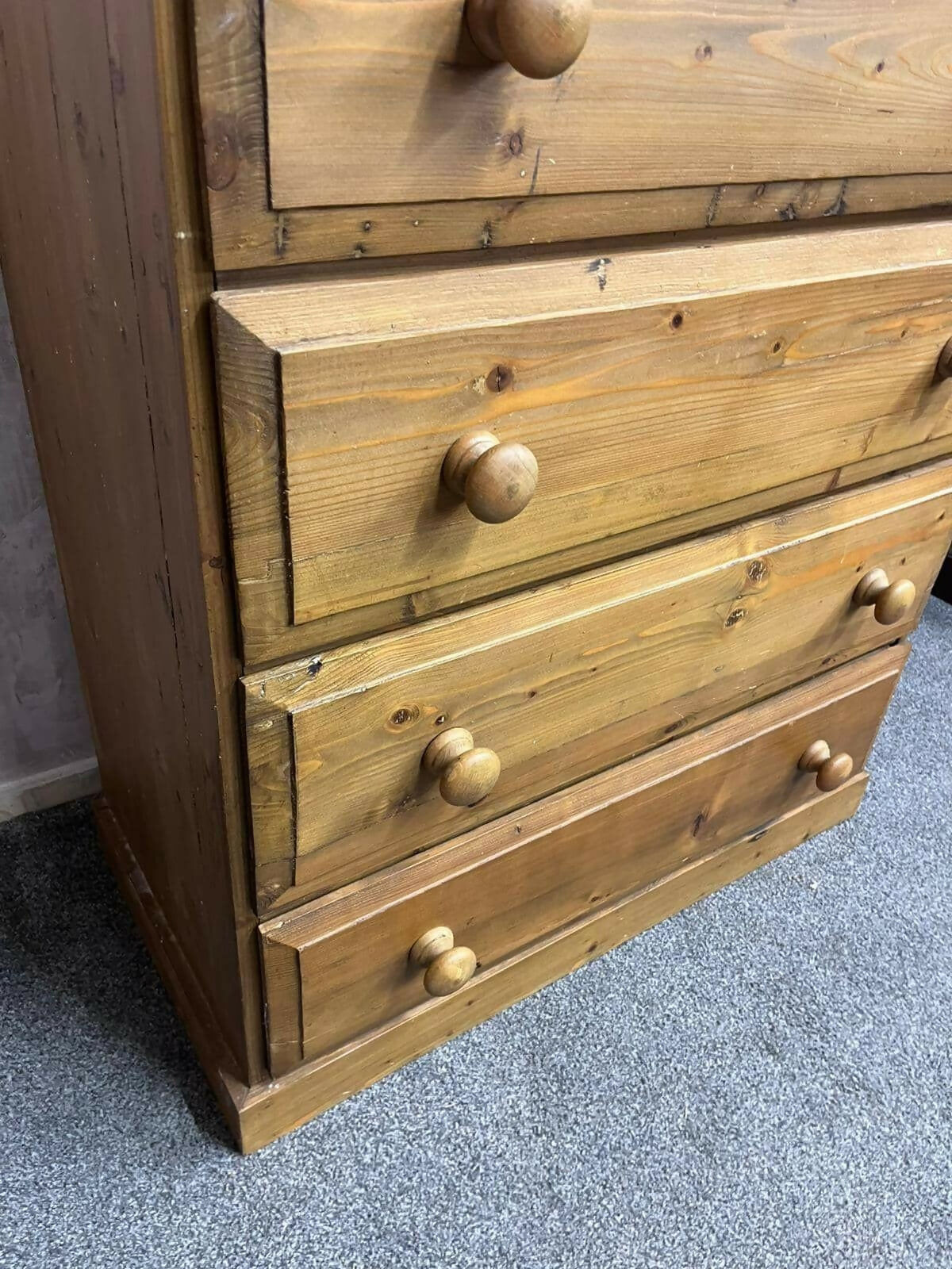 Vintage Pine Chest of 4 Deep Drawers Knob Handles Sturdy