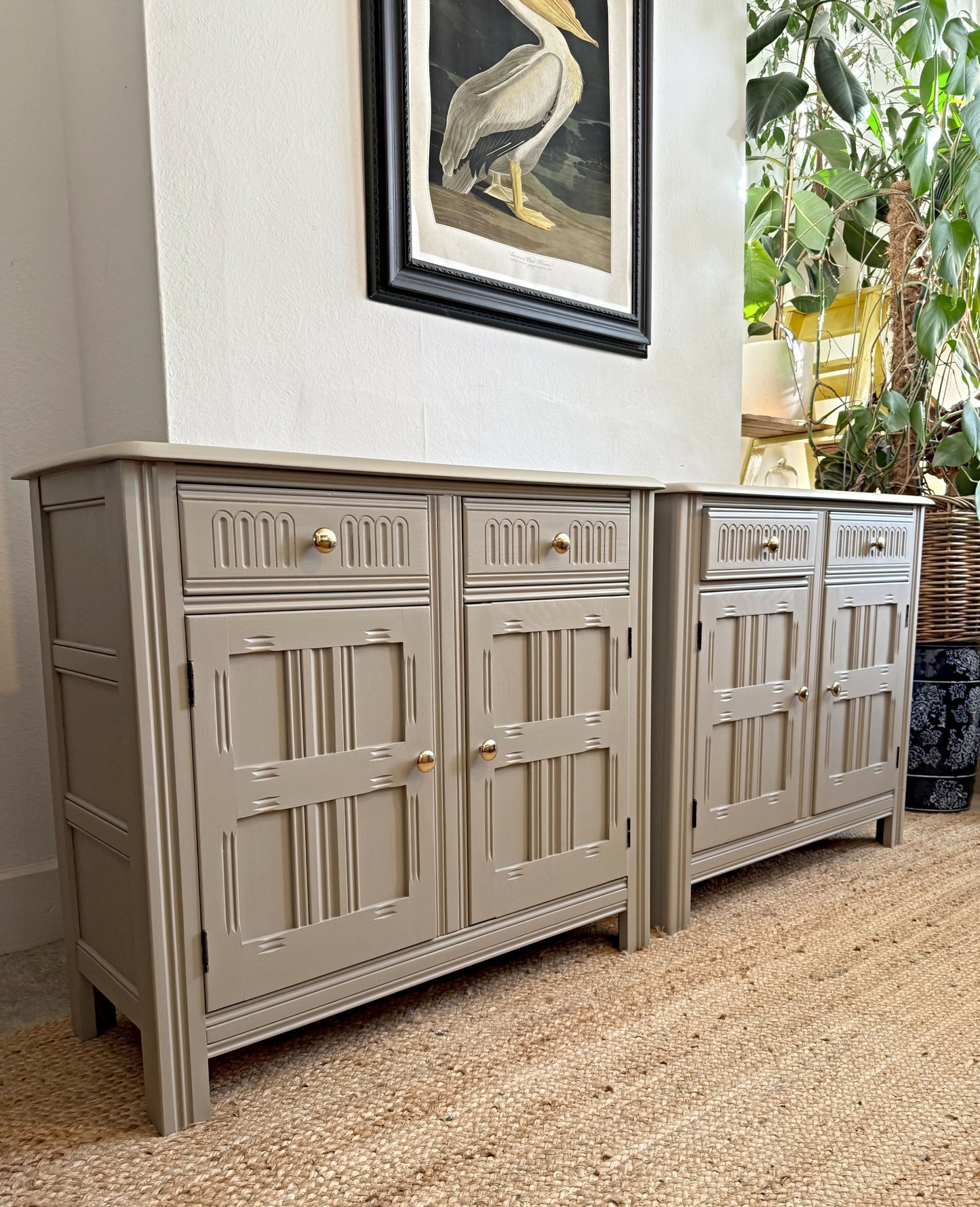 Newly refurbished Ercol pair of sideboards solid elm wood alcove