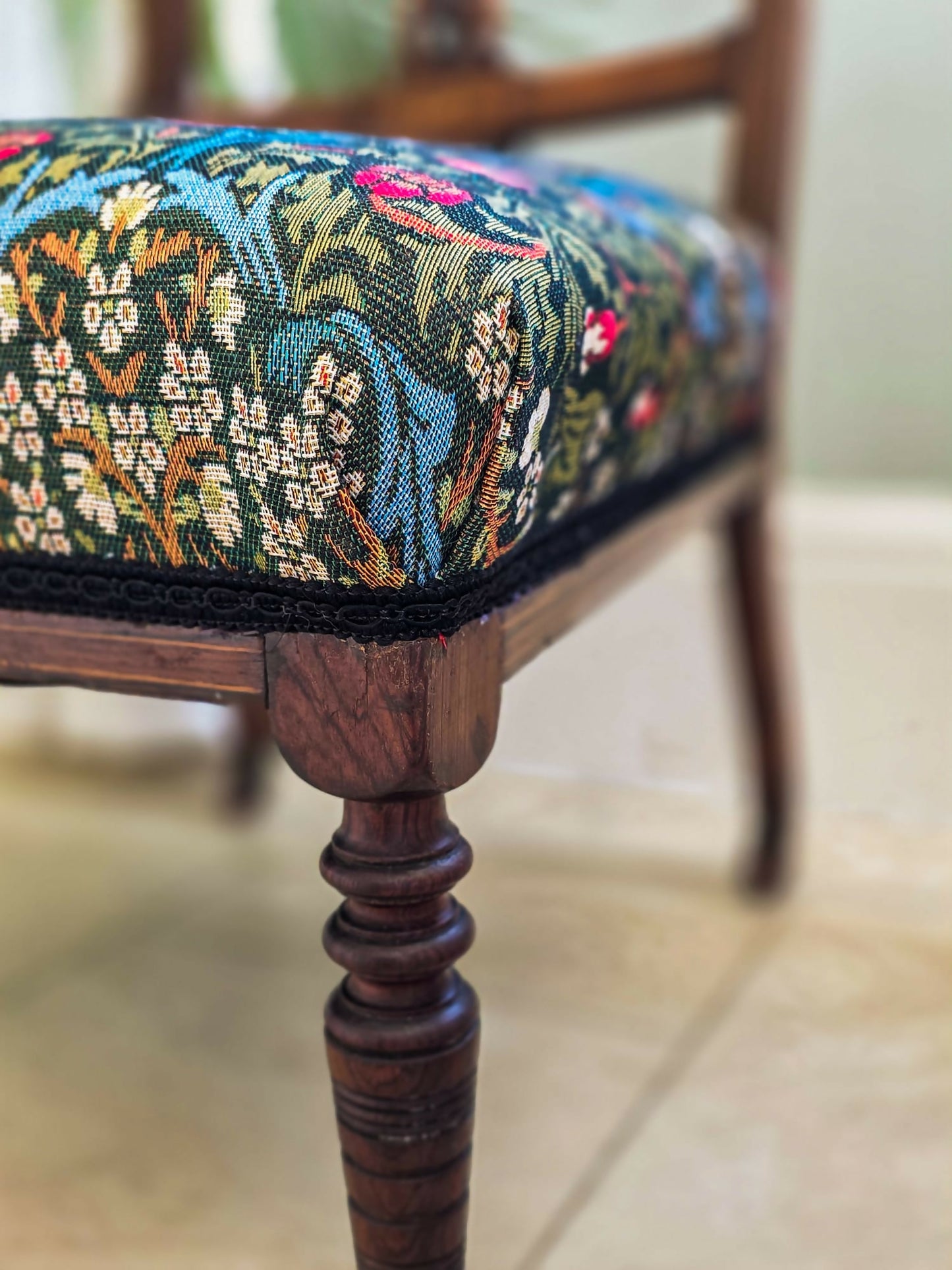 Antique, Mahogany framed Bedroom, Accent Chair on Original Castors. Covered in William Morris Fabric.
