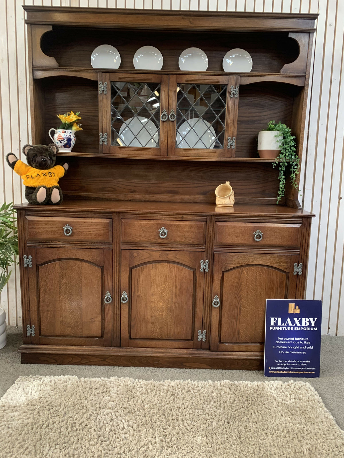 Vintage Old Charm style Oak Large Welsh Dresser Carved Display Cabinet Hutch