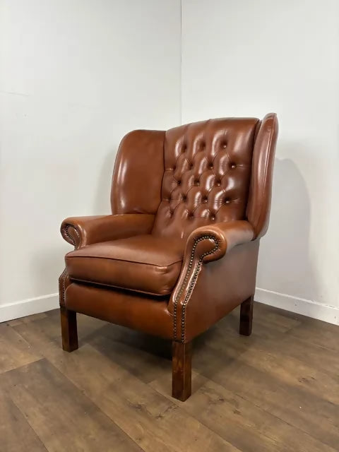 Tan Leather Chesterfield Style Wingback Armchair