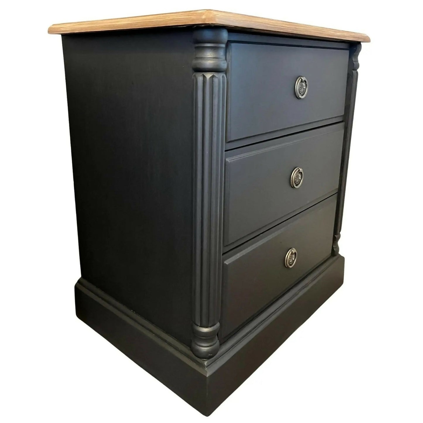 Refinished Black Bedside Tables Pair Vintage Nightstands Wood Top 3 Drawer Cabin