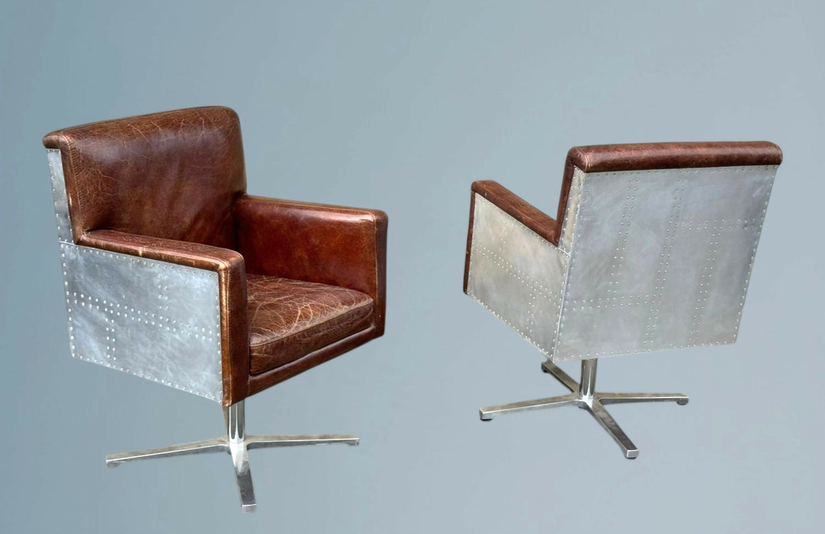 Two Hand Dyed Brown Leather Aviators Swivel Captains Chairs