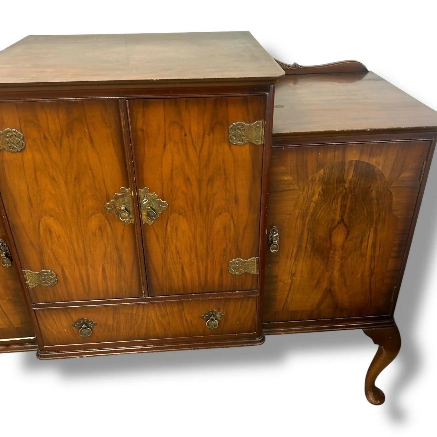 Queen Anne Walnut Sideboard | Vintage Drinks Cabinet with Brass Hardware