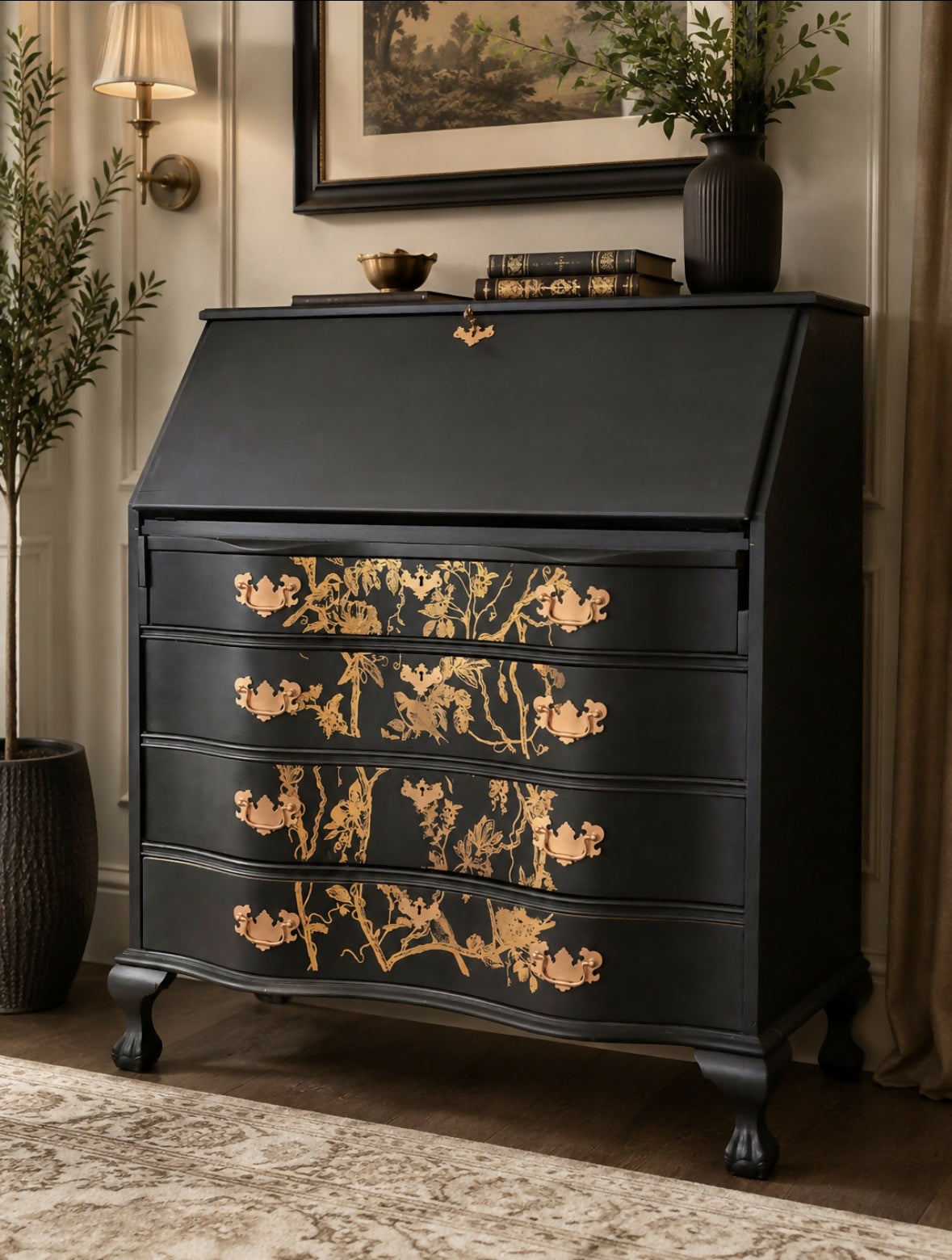 Hand-Painted Black Re-Finished Bureau with Copper Botanical Design
