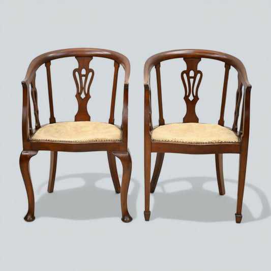 Two Edwardian Mahogany Tub Chairs His & Hers Upholstered Seats FREE UK Delivery