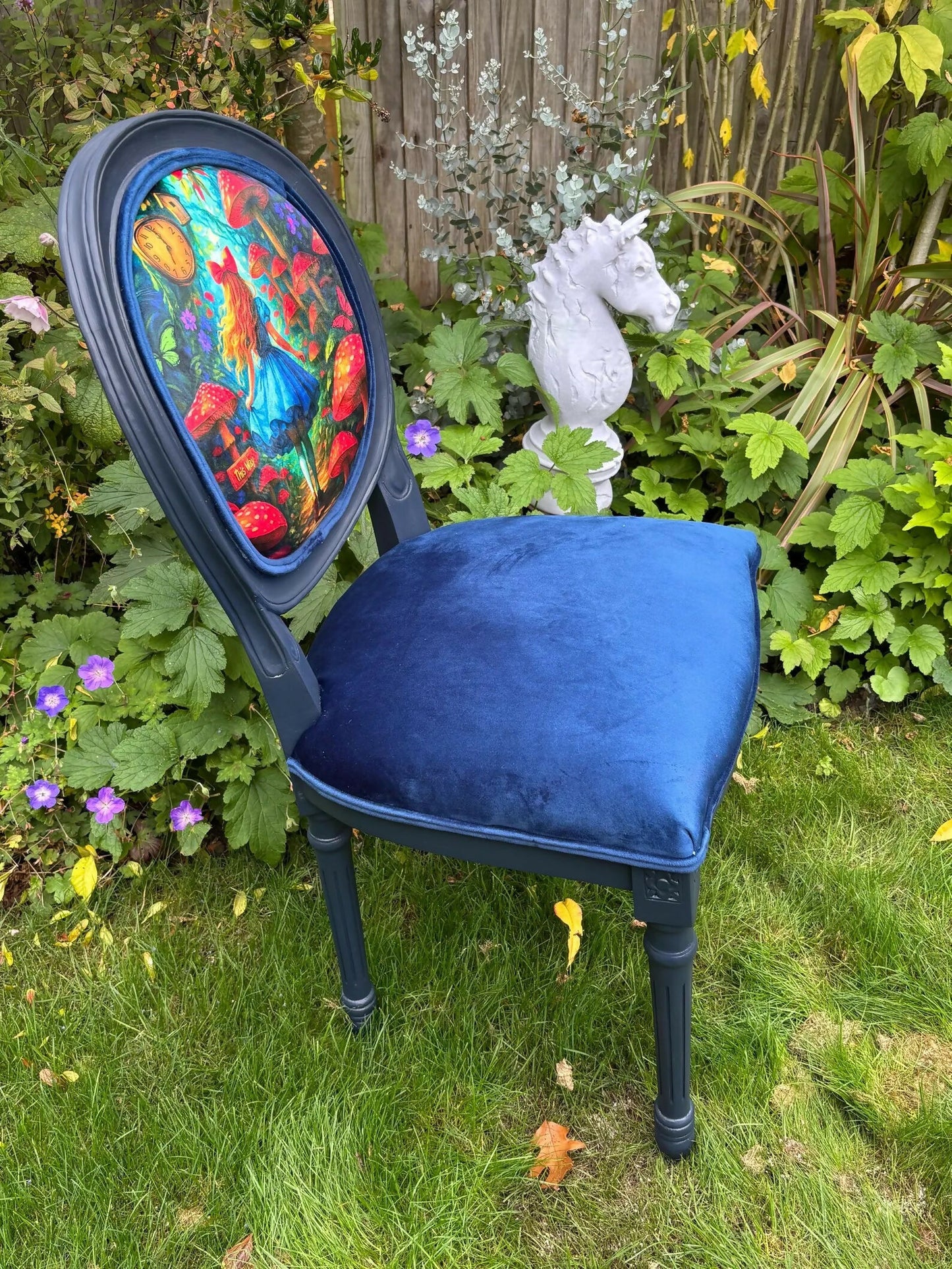 Alice in Wonderland Statement Chair – Handcrafted Navy Velvet. Bespoke Accent Whimsical Chair