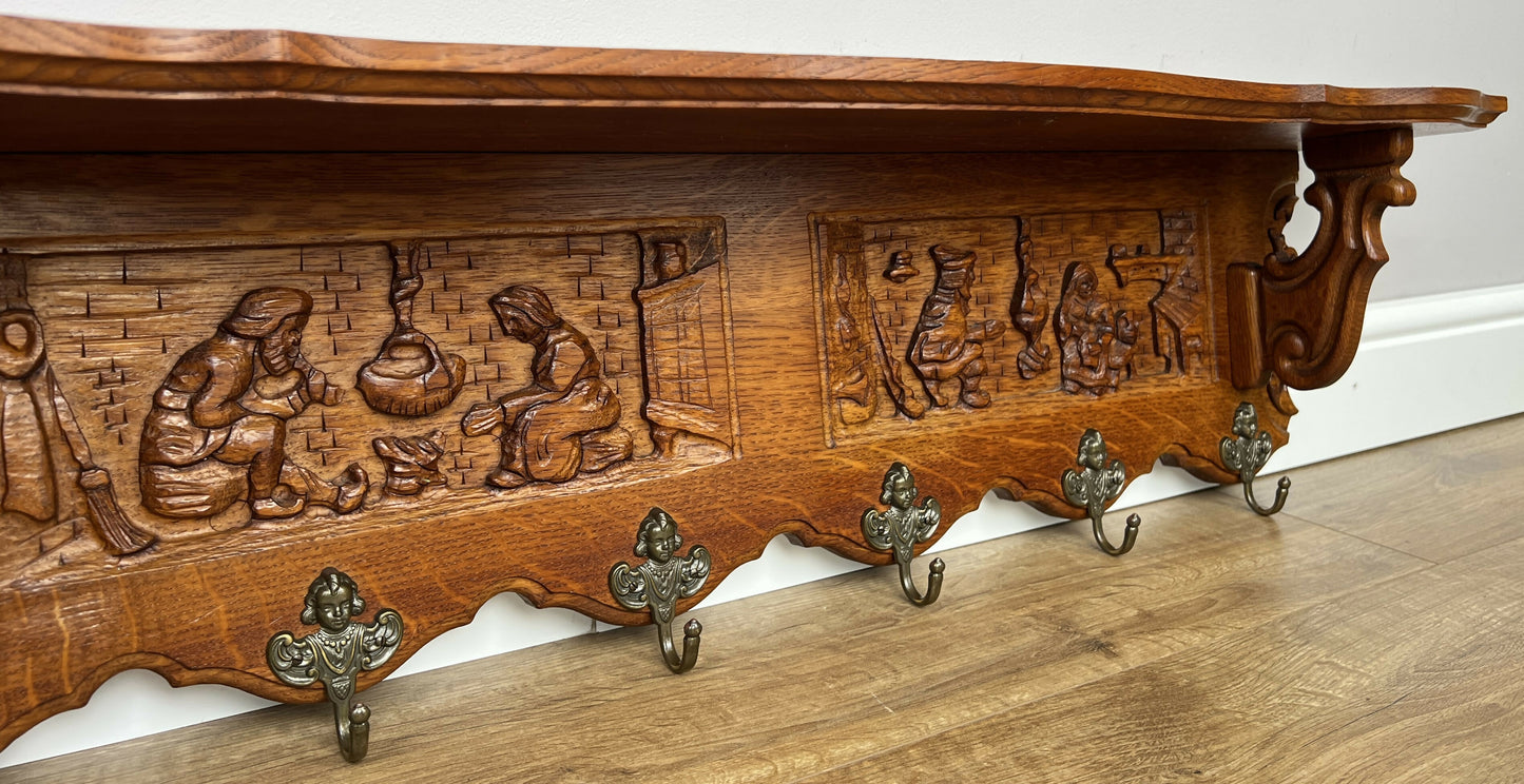 Coat Rack Vintage French Carved Oak Wall Mounted 6 Hooks Rack Hanger LOT 6205