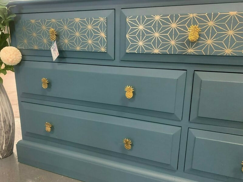 Large Chest Of Drawers Painted Bespoke Stencilled Upcycled Blue Gold Geometric