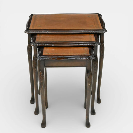 Tall Nest Of Tables Queen Anne Cabriole Legs Leather Glass Top FREE UK* Delivery. SBR11061/2010E