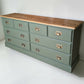 Large olive green rustic pine merchant sideboard/ chest of drawers