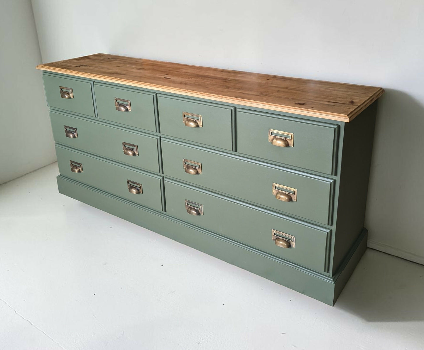 Large olive green rustic pine merchant sideboard/ chest of drawers