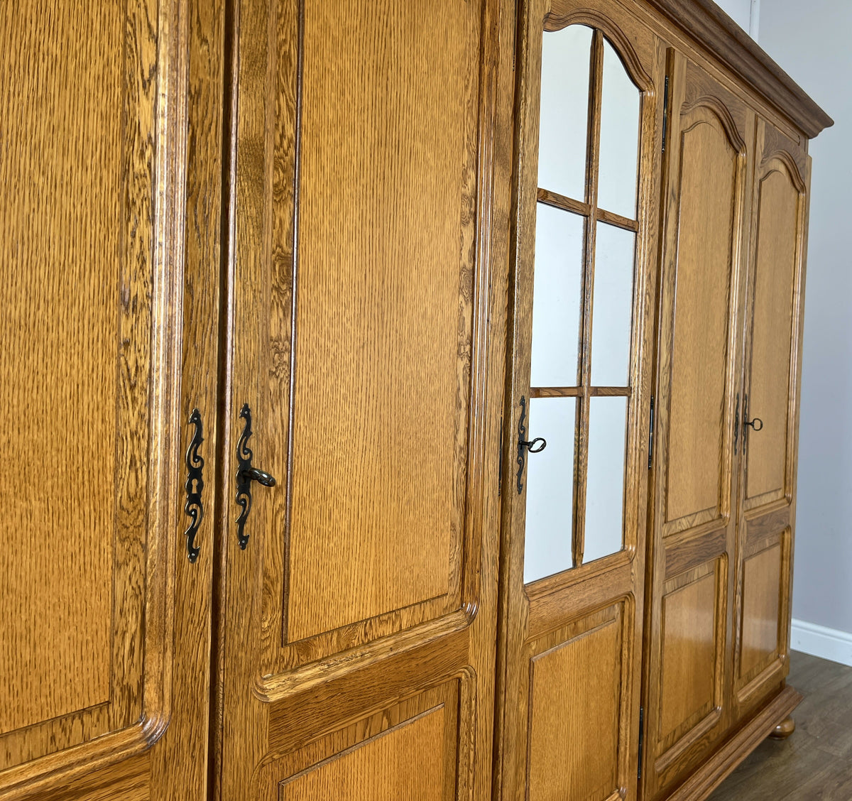Wardrobe Vintage French Style Oak Five Door Mirrored Carved Armoire LOT 6517