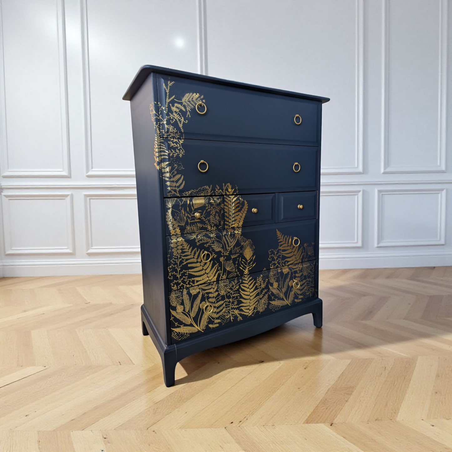 Vintage Stag minstrel 7 drawers tallboy, navy blue chest of drawers mid century modern dresser