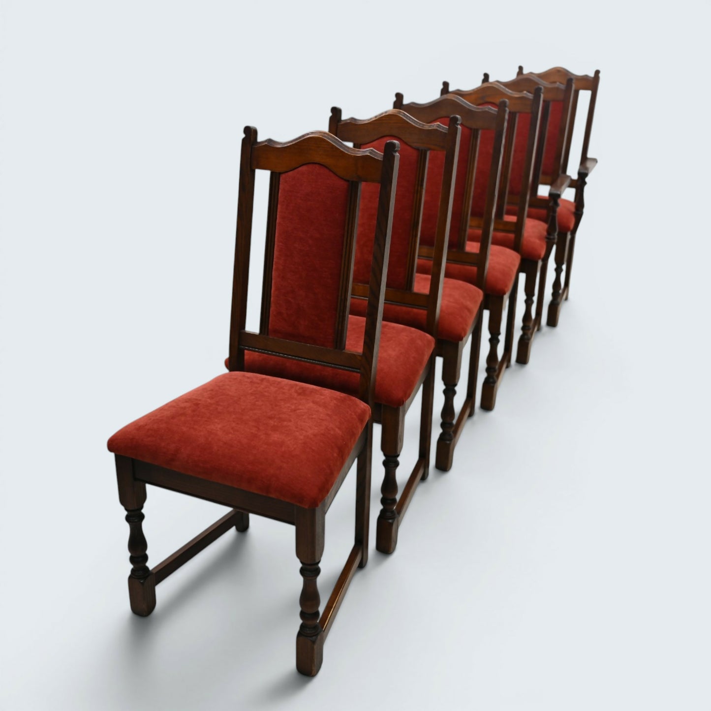 6 Old Charm Dining Chairs Burnt Red Upholstery Tudor Brown FREE UK Delivery