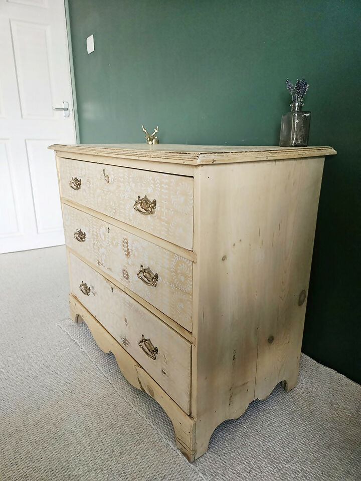 Antique Pine Chest of Drawers with stencils , three large drawers