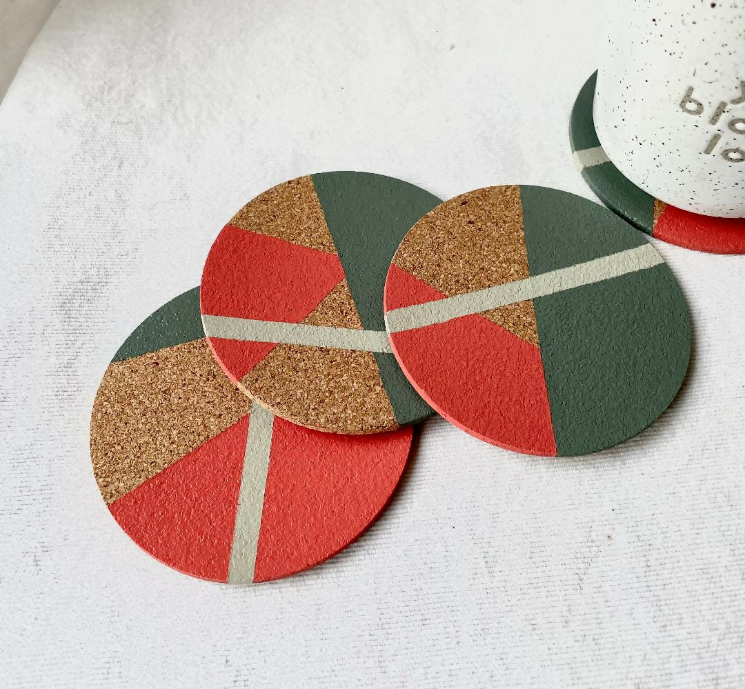 Set of 4 Cork Coasters - Hand Painted Geometric/Modern Design (Coral/Green/Grey)