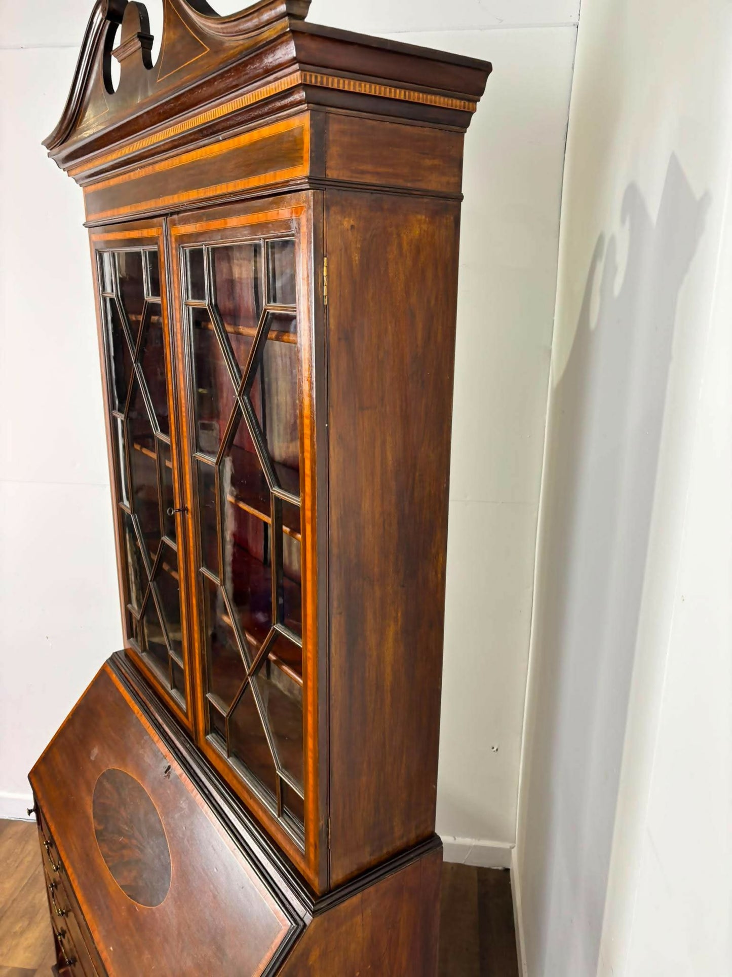 Edwardian Sheraton Style Inlaid Mahogany Bureau Bookcase