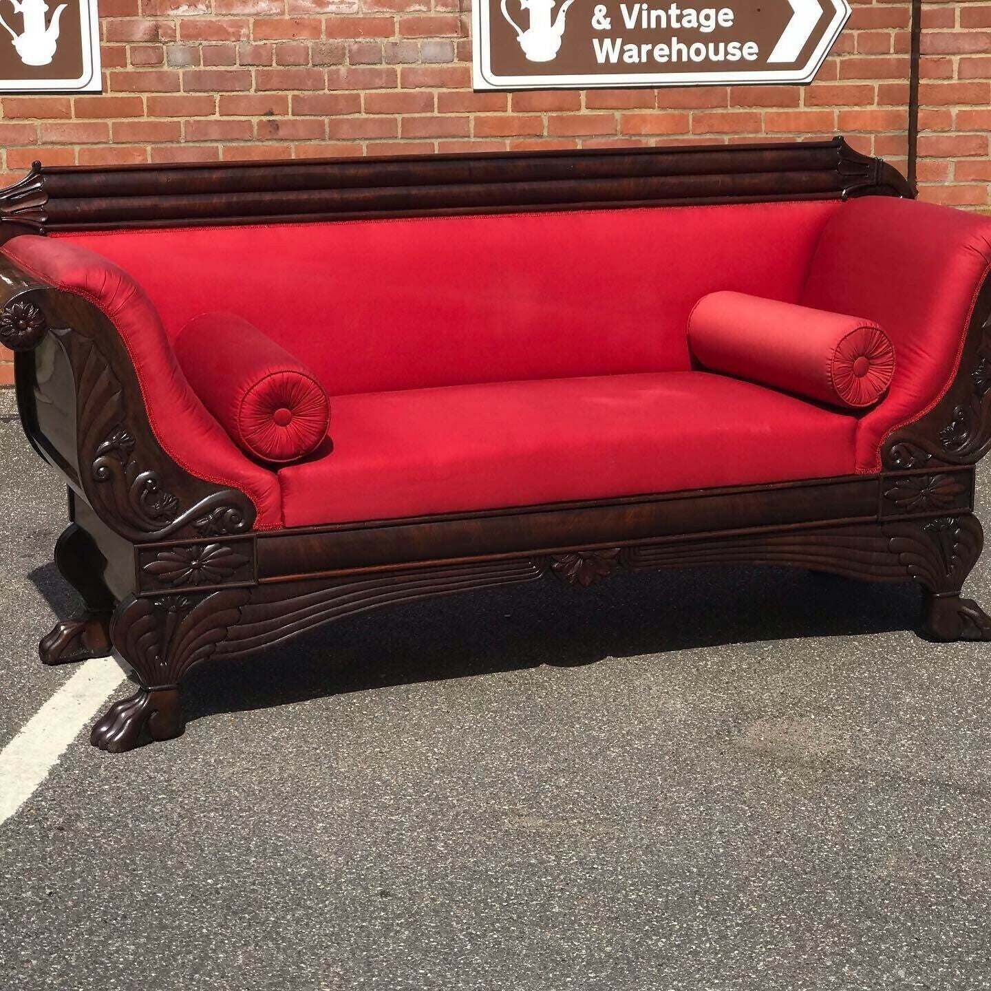 Vintage Victorian 3 Seater Mahogany Sofa With Curved Ends, Lions Paw Feet. Stunning!!