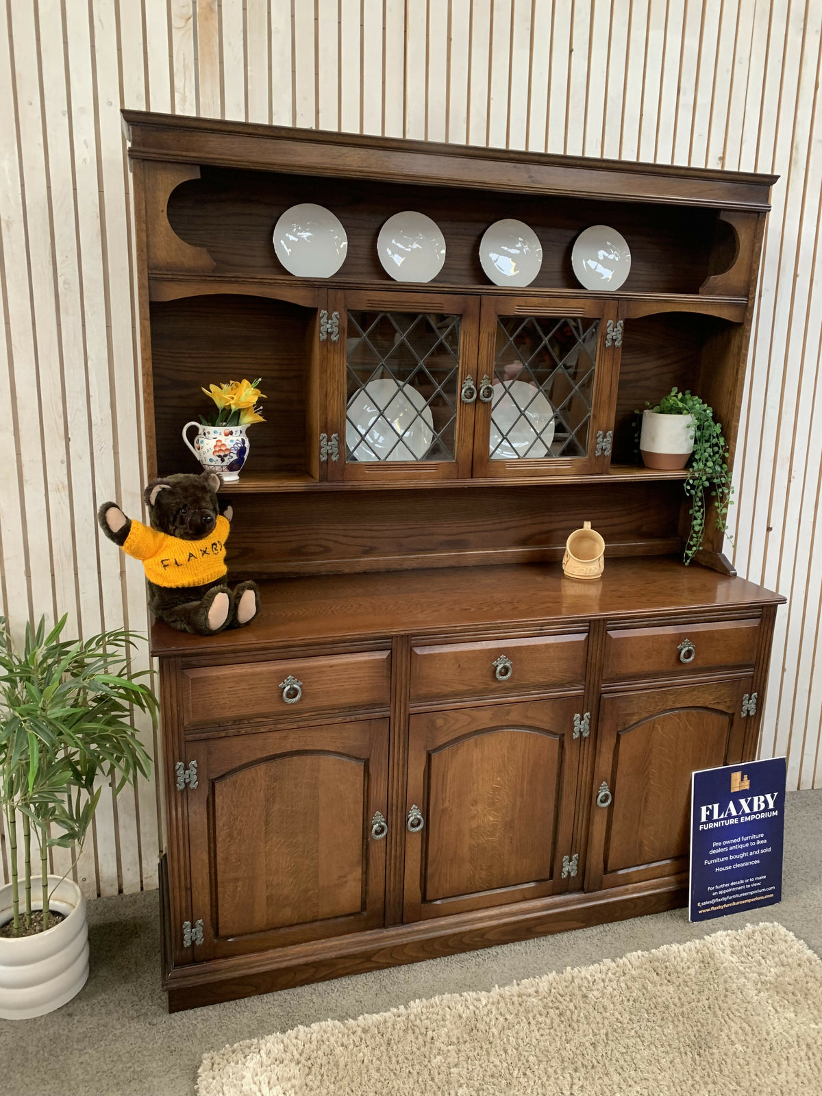 Vintage Old Charm style Oak Large Welsh Dresser Carved Display Cabinet Hutch