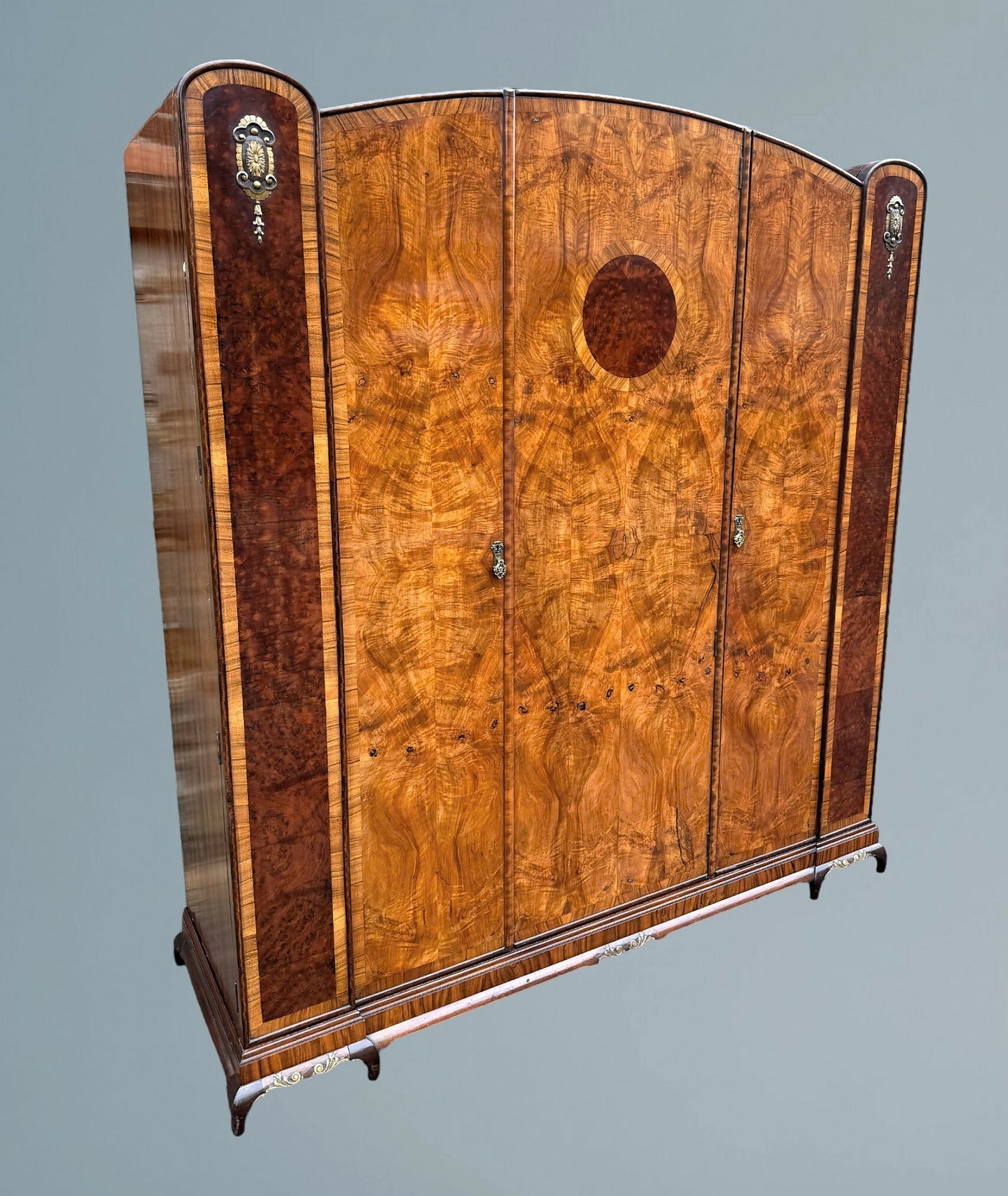 Good Quality Art Deco Burr Walnut Triple Door Wardrobe With Ormolu Mounts