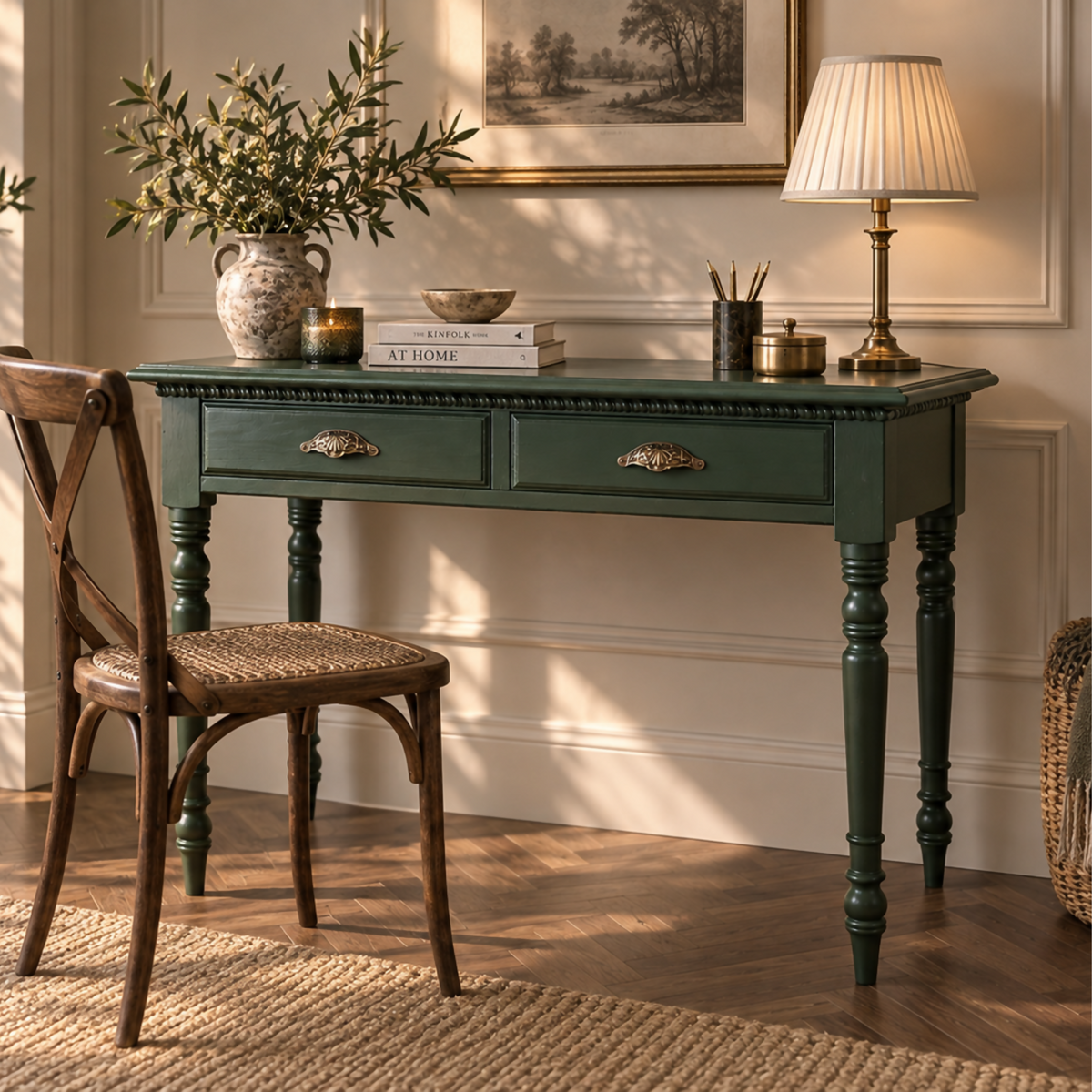 Vintage Green Writing Desk, Painted Desk with Drawers, Dressing Table or Console Table