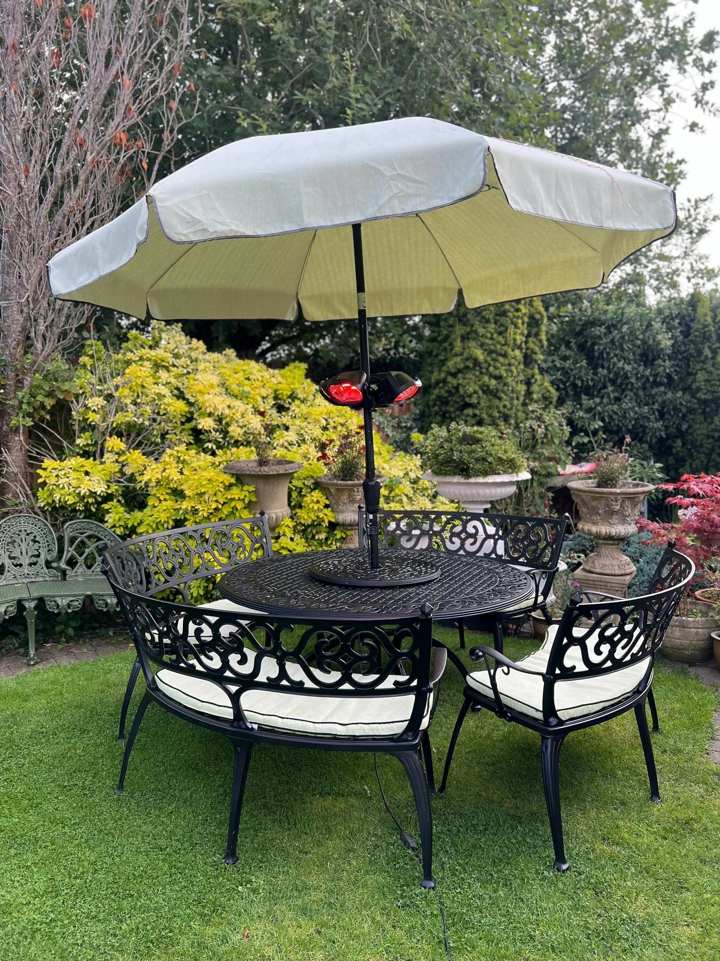 Black Vintage Large Patio Set 4 Benches, Parasol and Heat Lamps