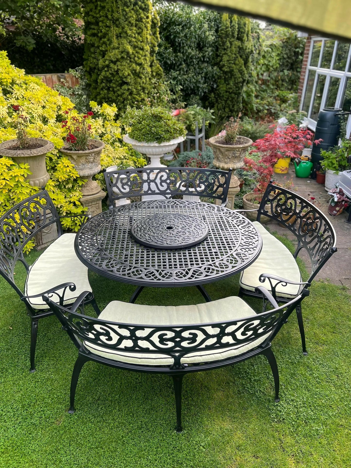 Black Vintage Large Patio Set 4 Benches, Parasol and Heat Lamps
