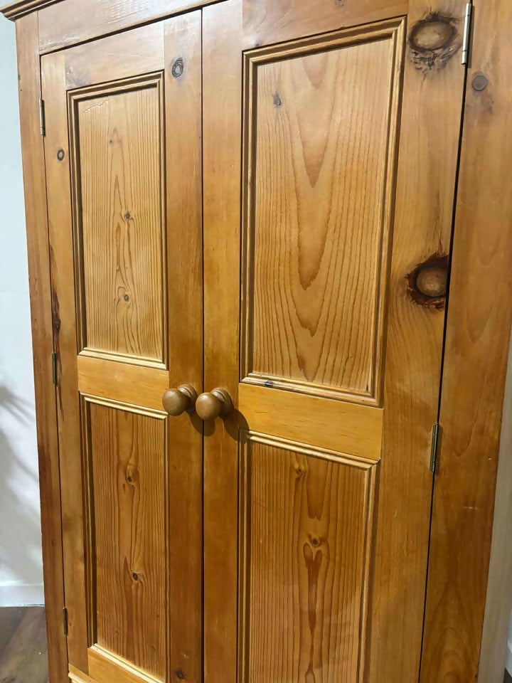 Waxed Solid Pine Two Door Wardrobe / Hall Cupboard