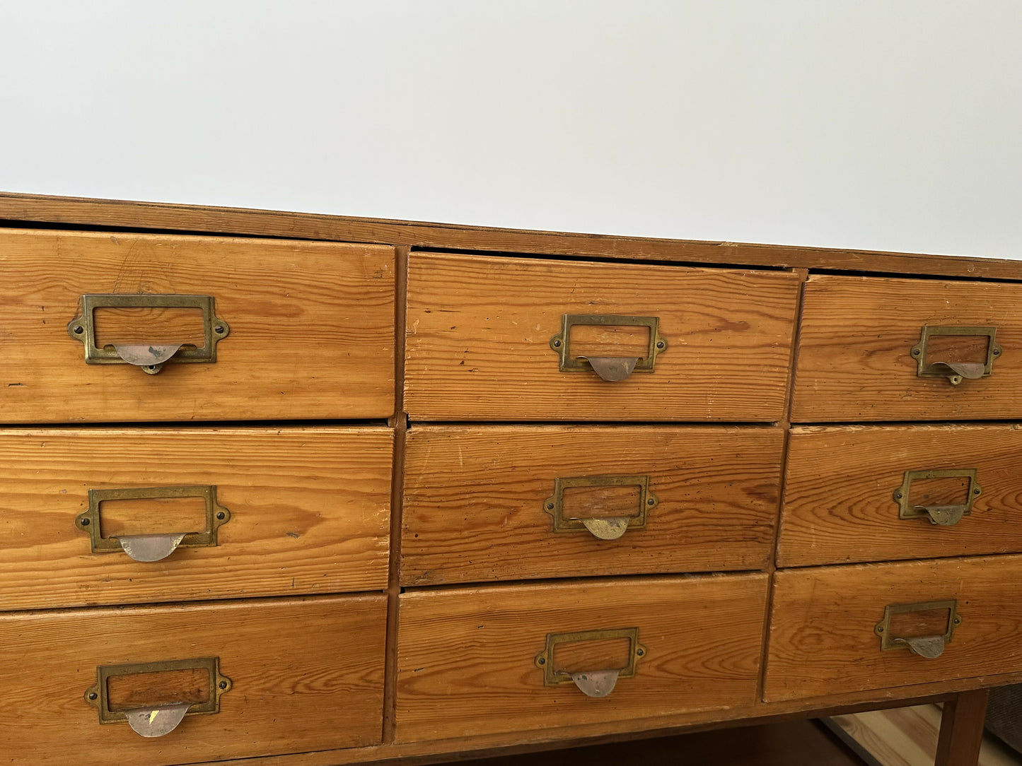 Vintage Pine 9 Drawer Apothecary Cabinet Antique Haberdashery Chest Brass Label Holders Industrial Storage Unit Mid Century Filing Drawers