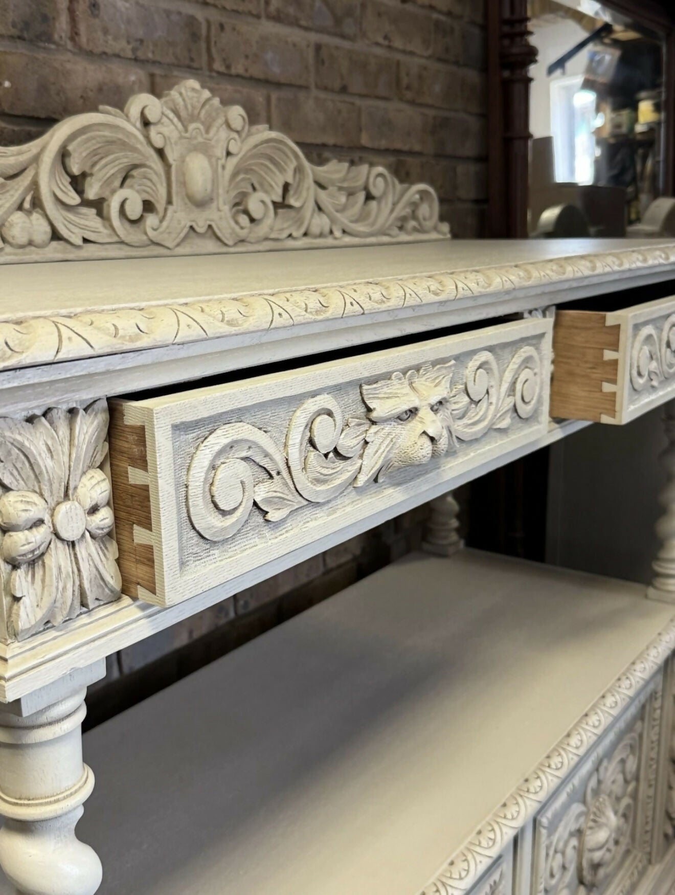 Antique Victorian Buffet/Server in oak with Green Man carvings.