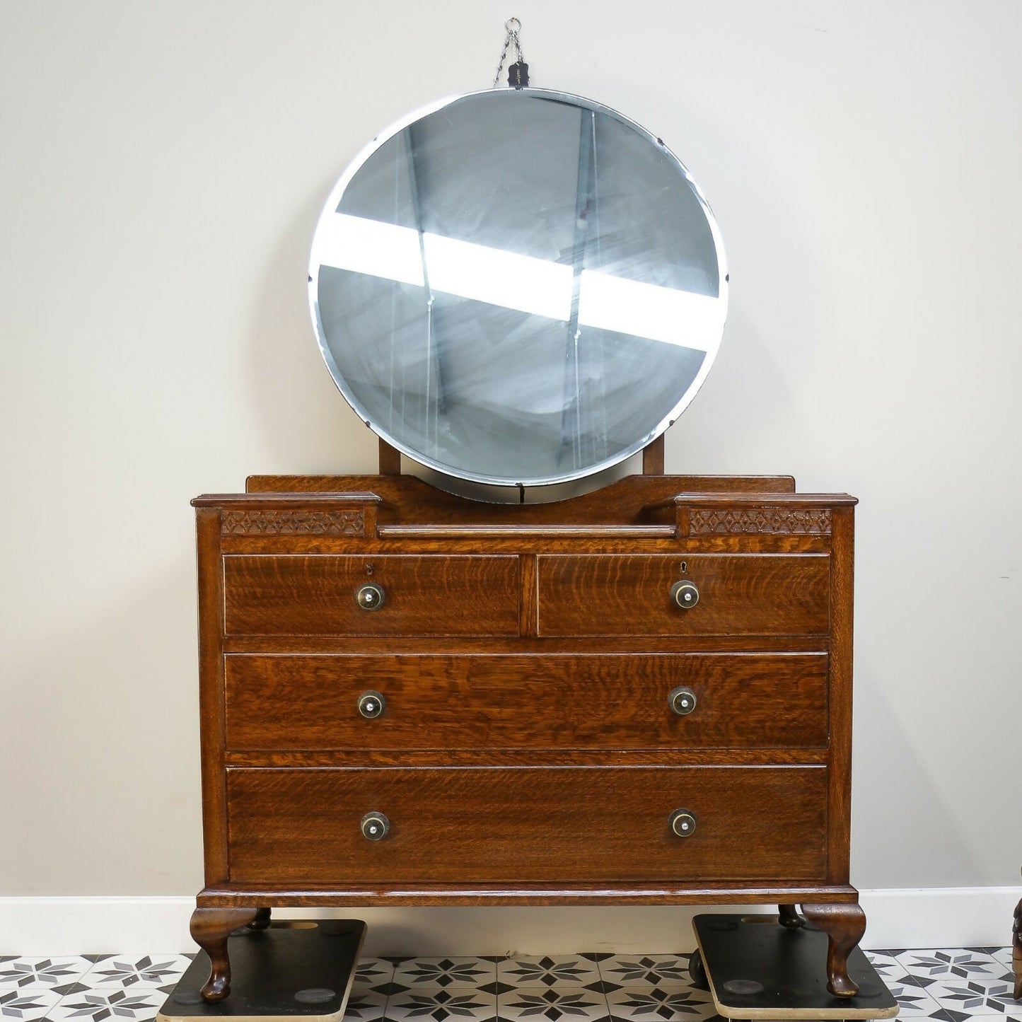 Vintage Carved Oak Dressing Table with Mirror 1930s