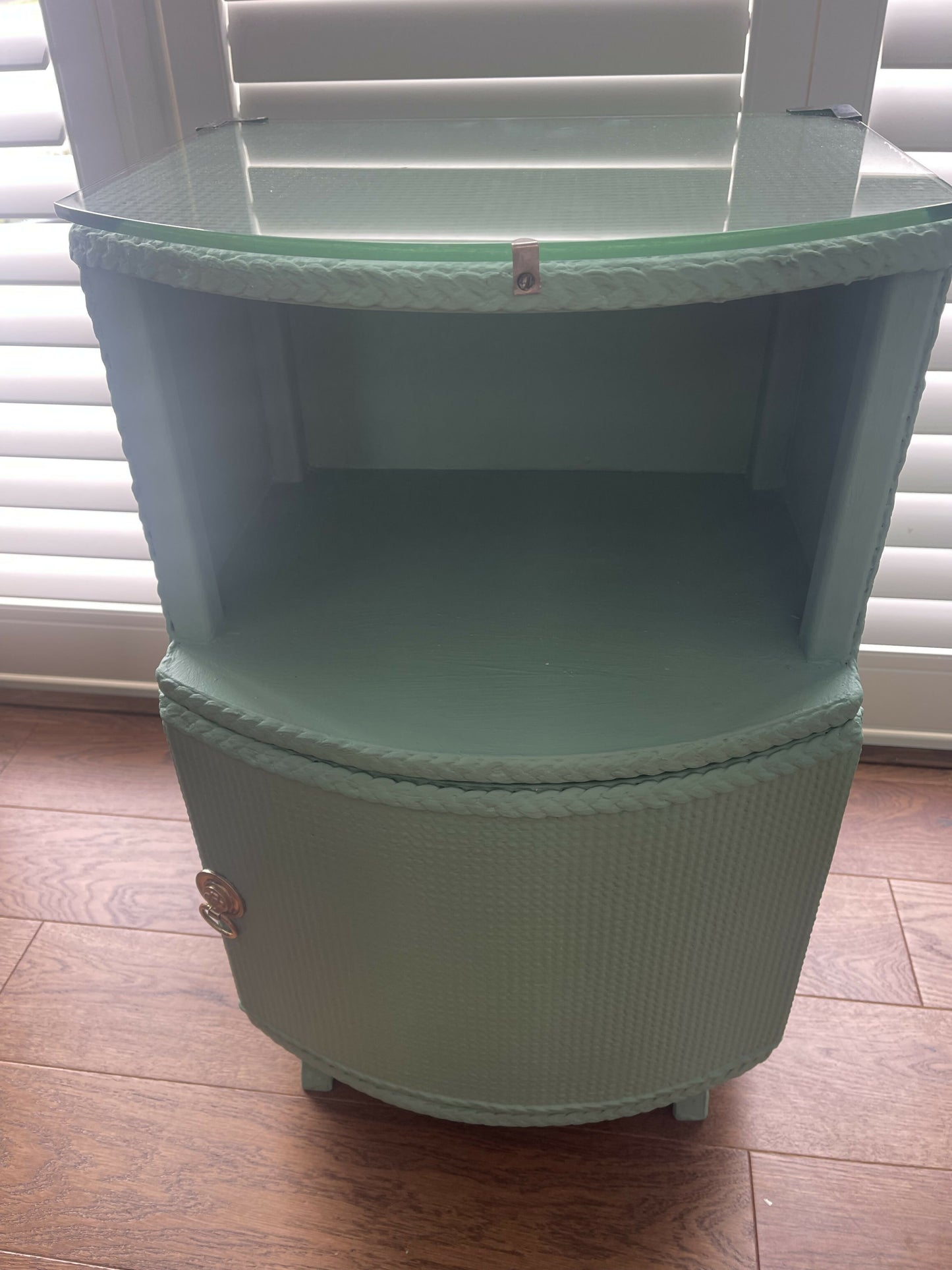 Occasional or bedside table. Green paint. Glass top.