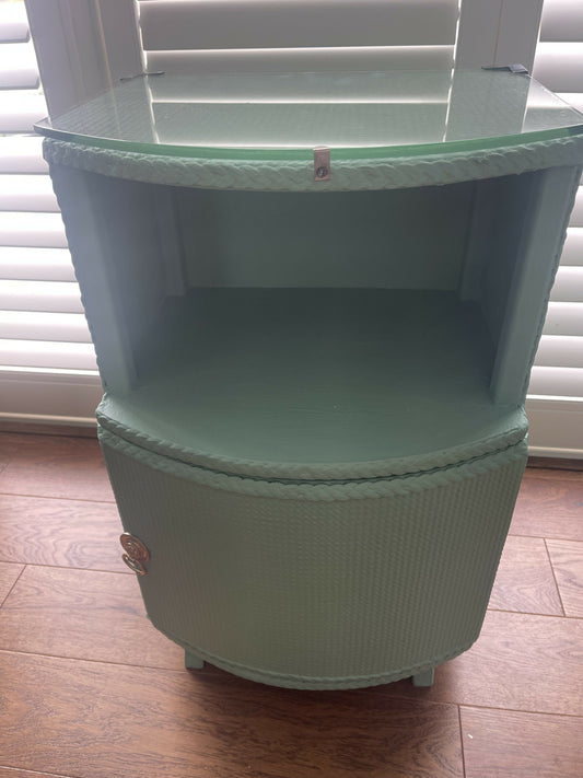 Occasional or bedside table. Green paint. Glass top.