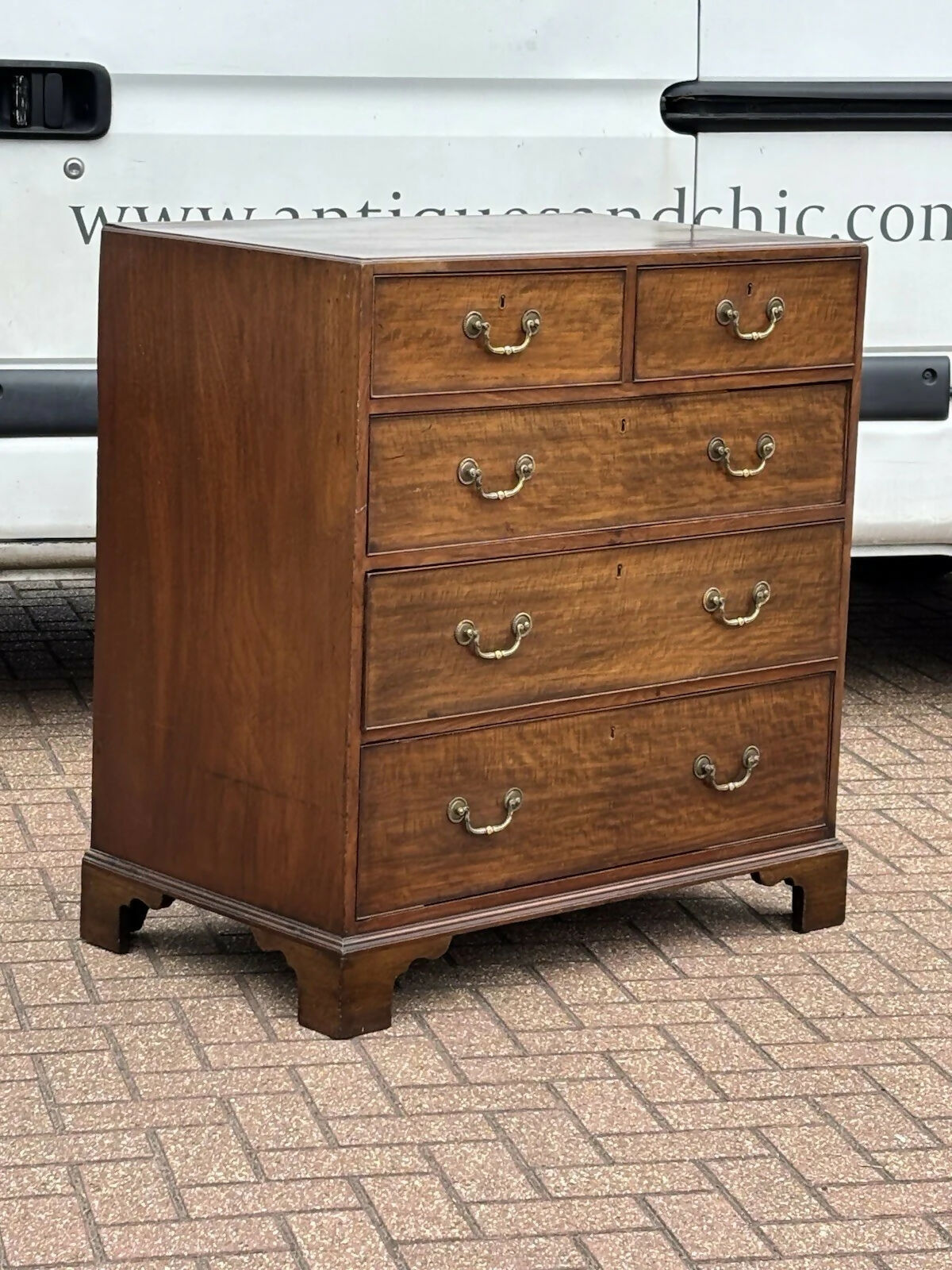 Vintage Mahogany Chest Of Drawers. Brass Handles, Bracket Feet, Fine Propotions